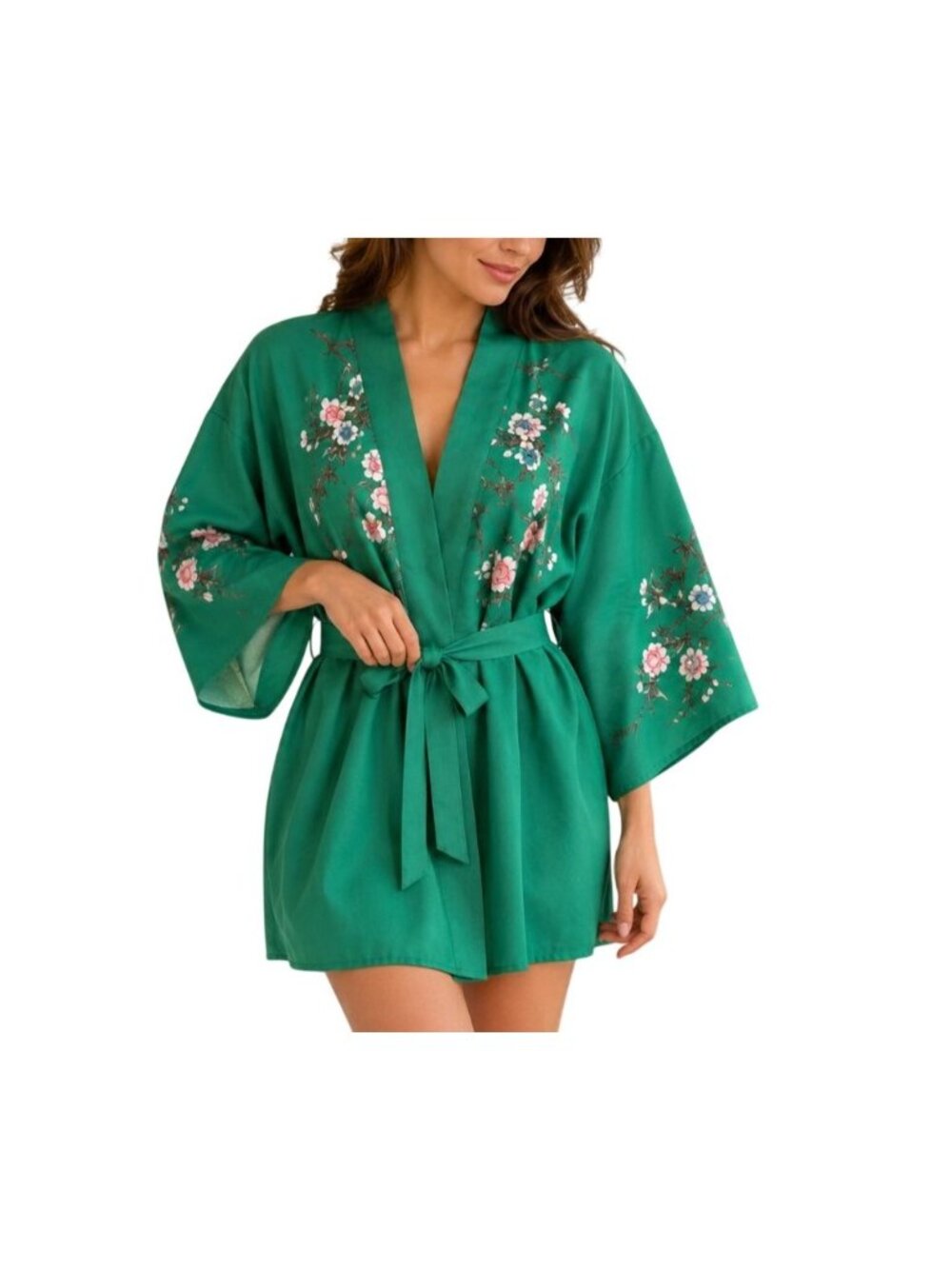 Vintage Green Cherry Blossom Short Sleeve Robe Kimono Satin Luxury One Size